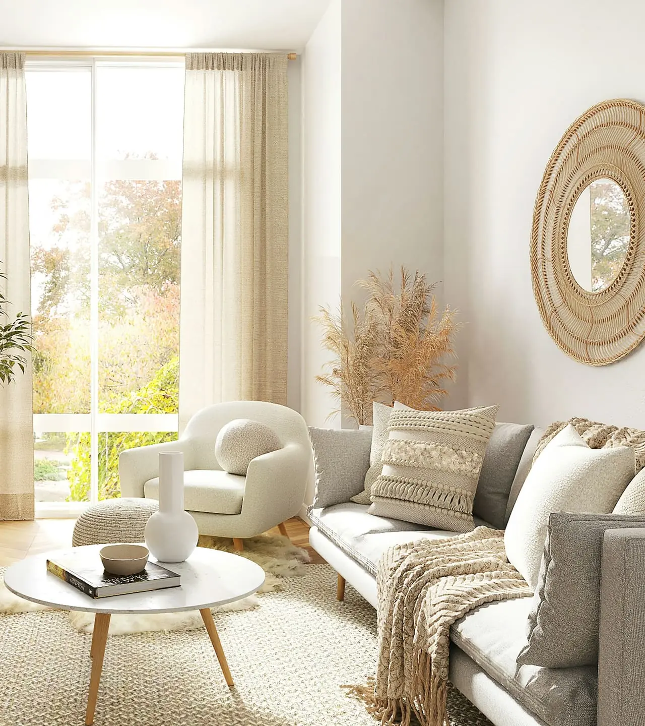 Warm, tidy living room with natural textures