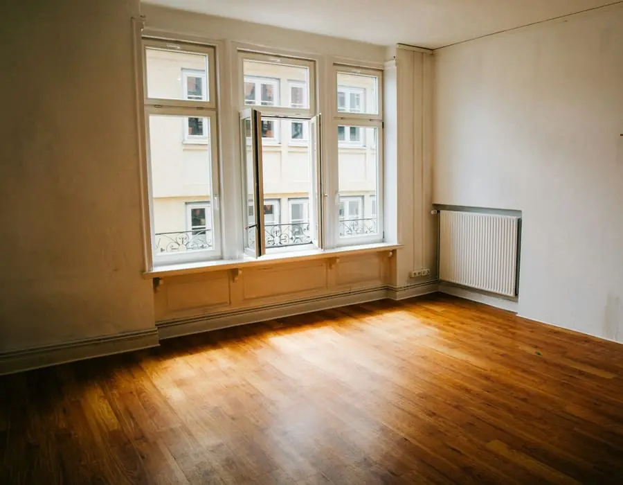 Professional cleaner with supplies in a bright apartment